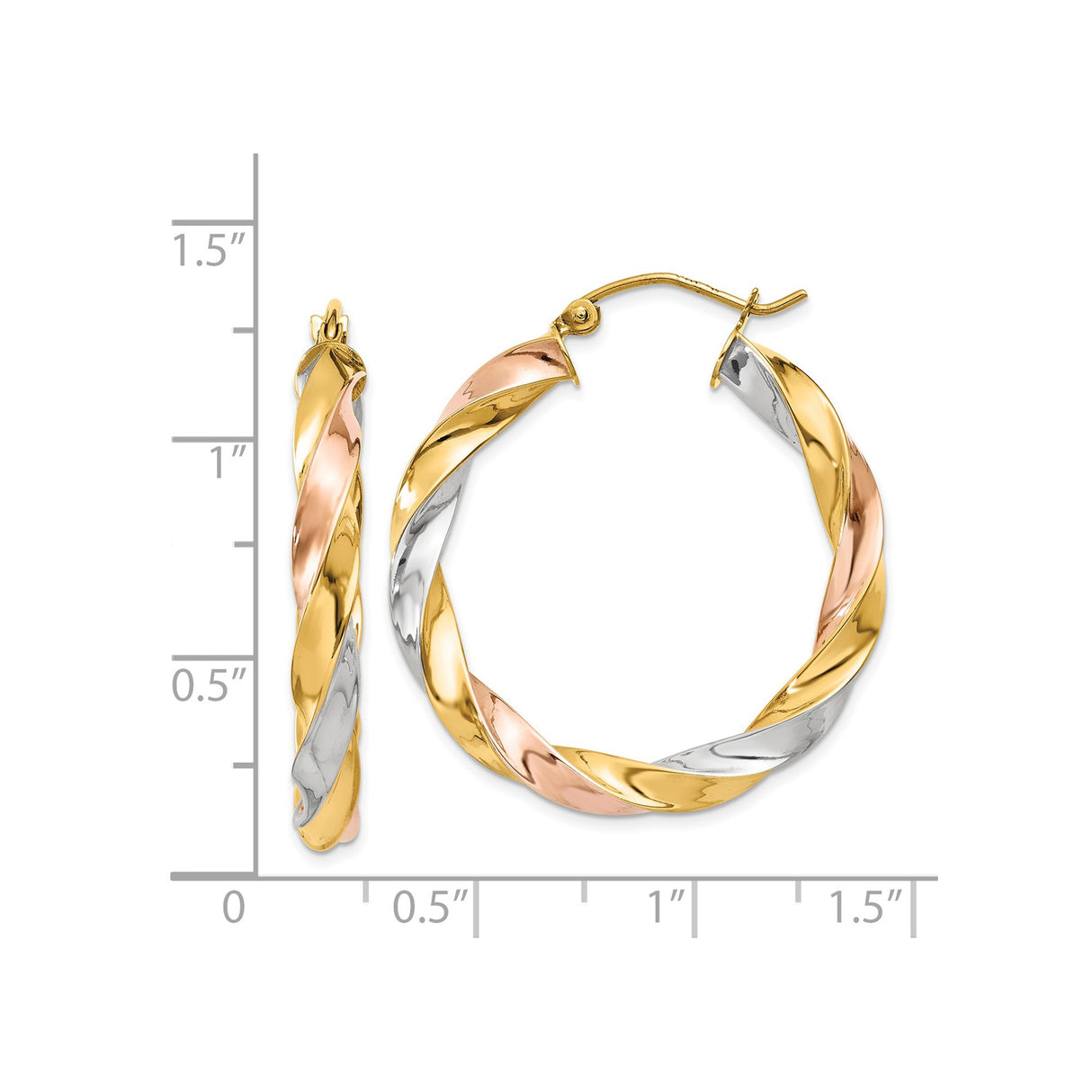 14k Yellow, White, and Rose Gold Twisted Hoop Earrings, Tri-Color Intertwined Design for Women