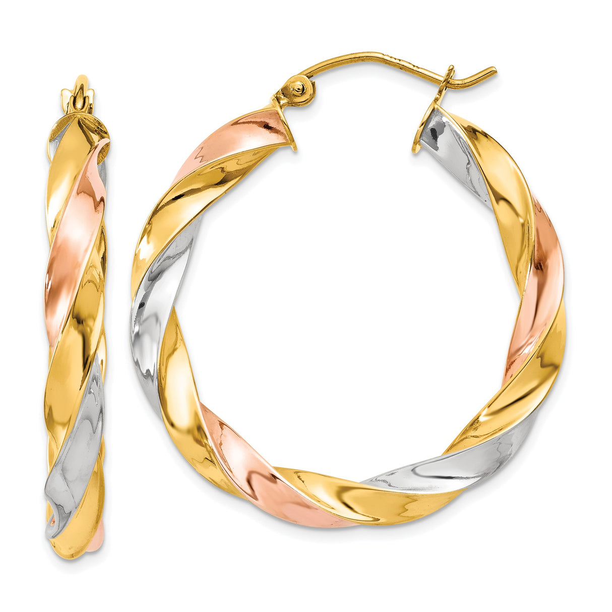 14k Yellow, White, and Rose Gold Twisted Hoop Earrings, Tri-Color Intertwined Design for Women