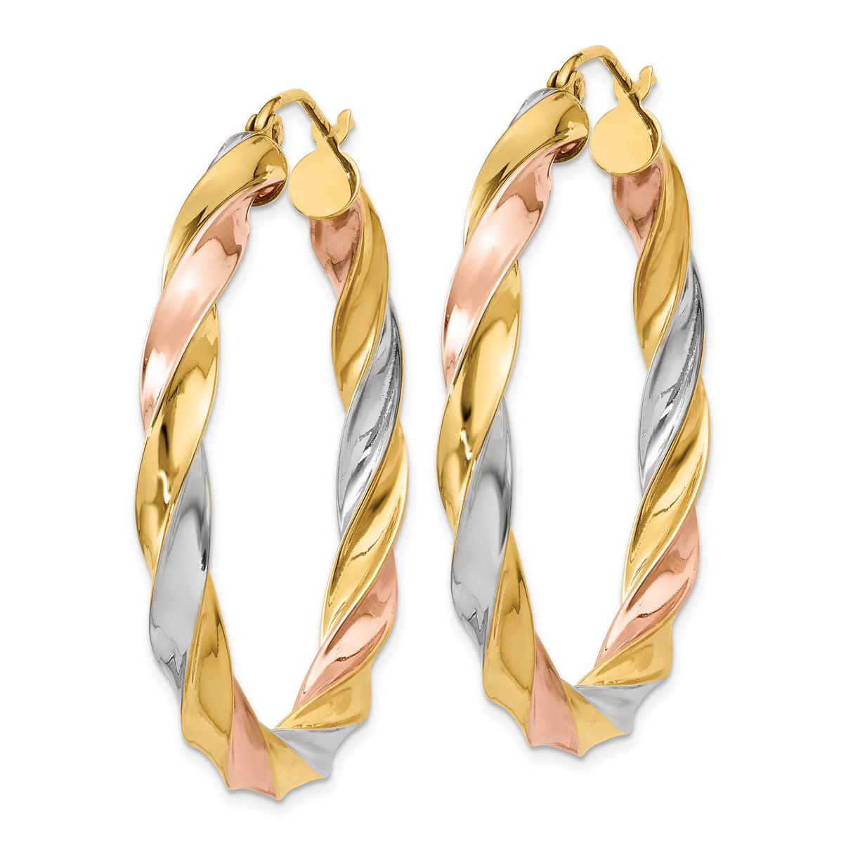 14k Tri-Color Gold Twisted Hoop Earrings, Braided Yellow White Rose Gold Hoops for Women