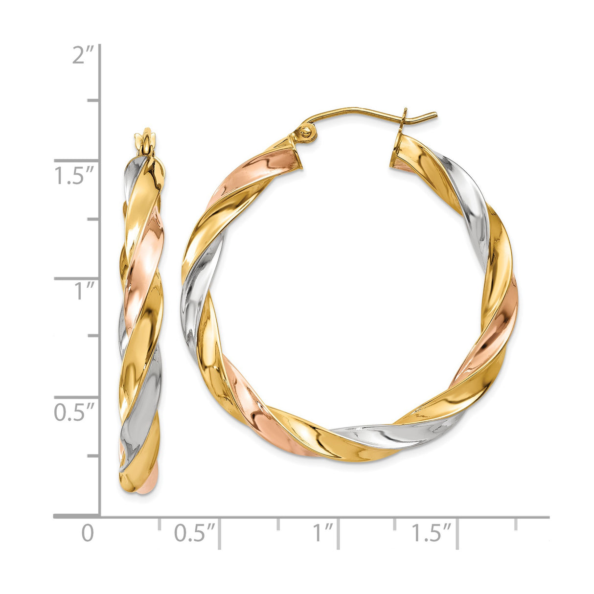 14k Tri-Color Gold Twisted Hoop Earrings, Braided Yellow White Rose Gold Hoops for Women