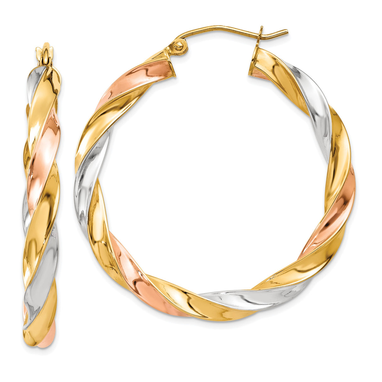 14k Tri-Color Gold Twisted Hoop Earrings, Braided Yellow White Rose Gold Hoops for Women