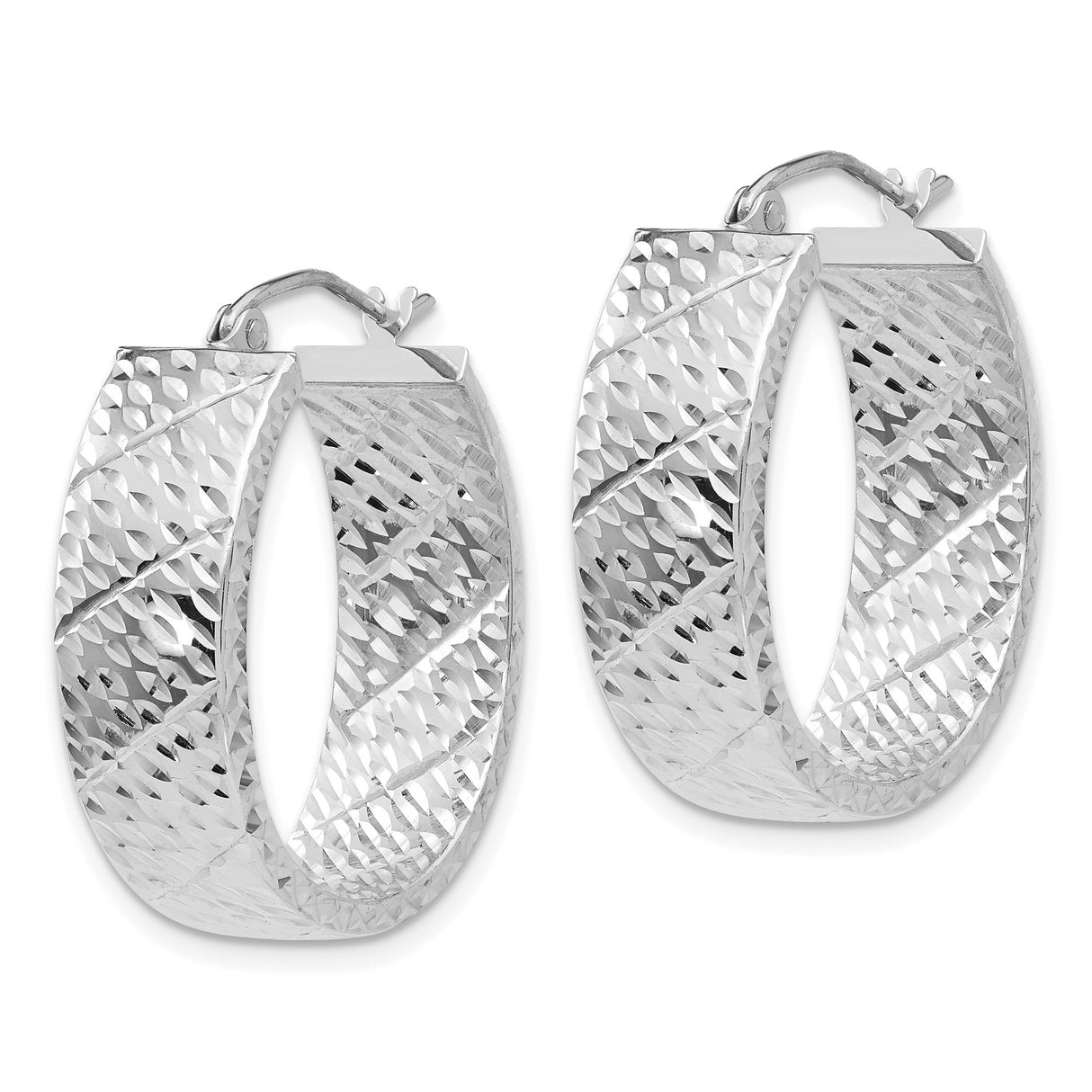 14k White Gold Oval Hoop Earrings, Diamond Cut Textured Design for Women