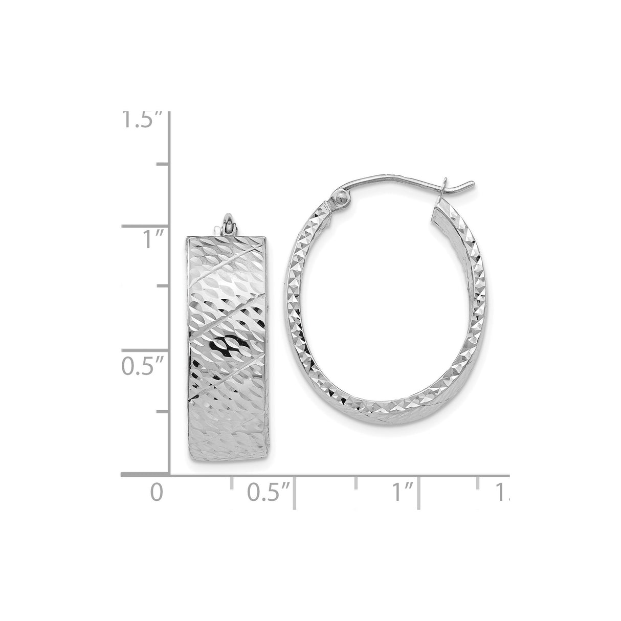 14k White Gold Oval Hoop Earrings, Diamond Cut Textured Design for Women