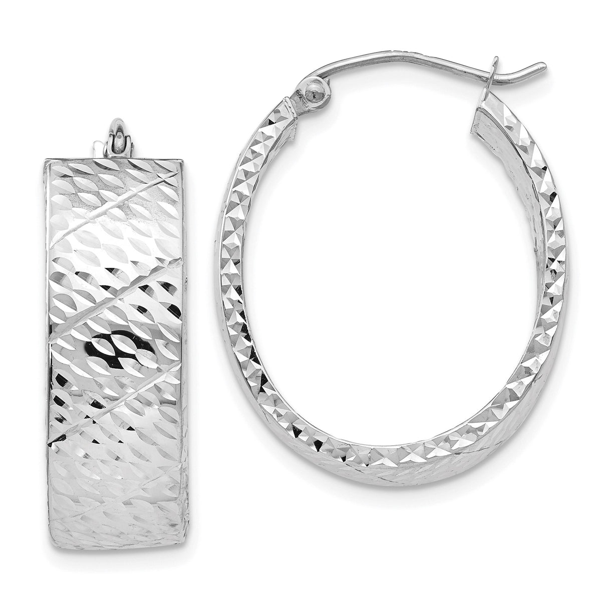 14k White Gold Oval Hoop Earrings, Diamond Cut Textured Design for Women