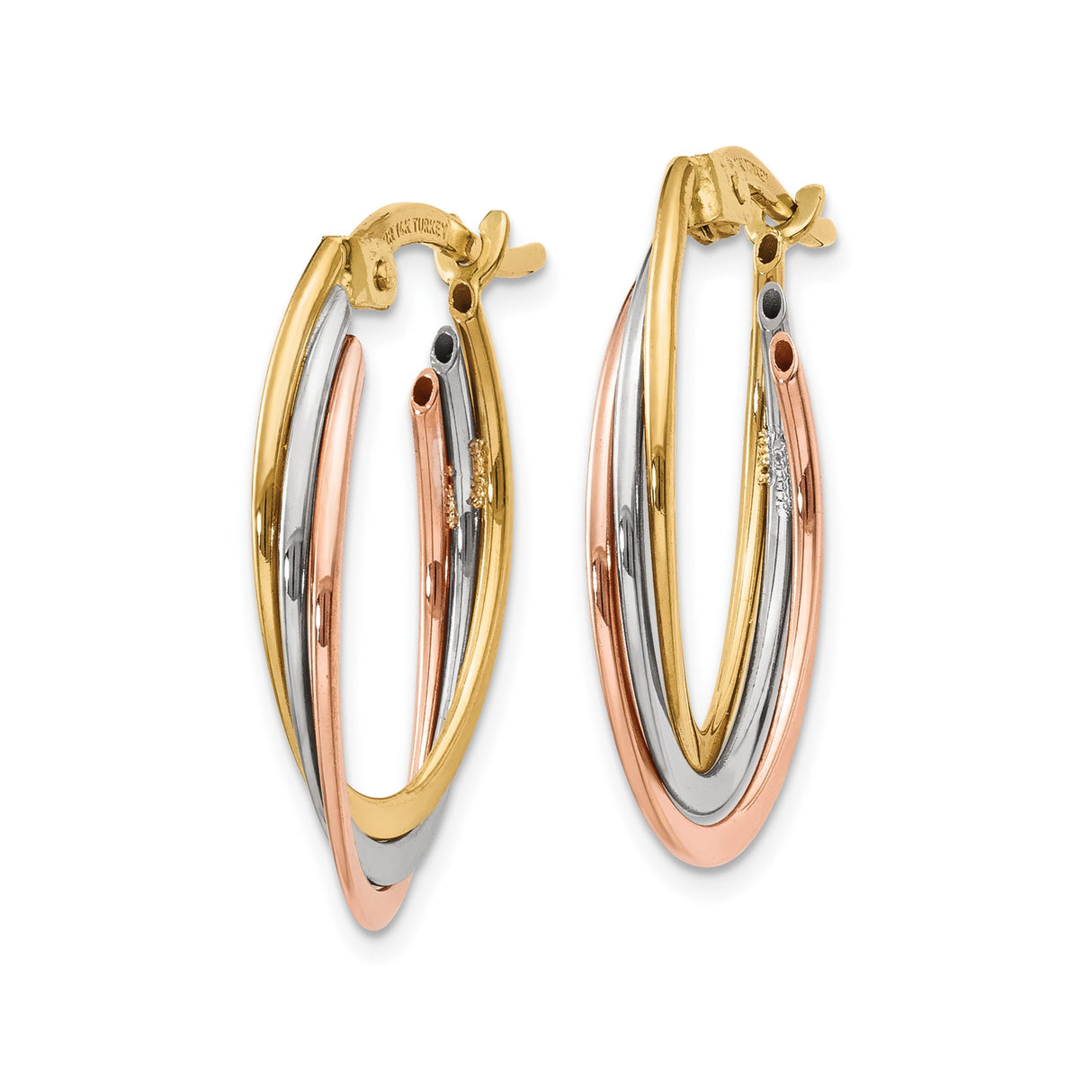 14k Tri-Color Gold Hoop Earrings with Interwoven Yellow, White, and Rose Strands