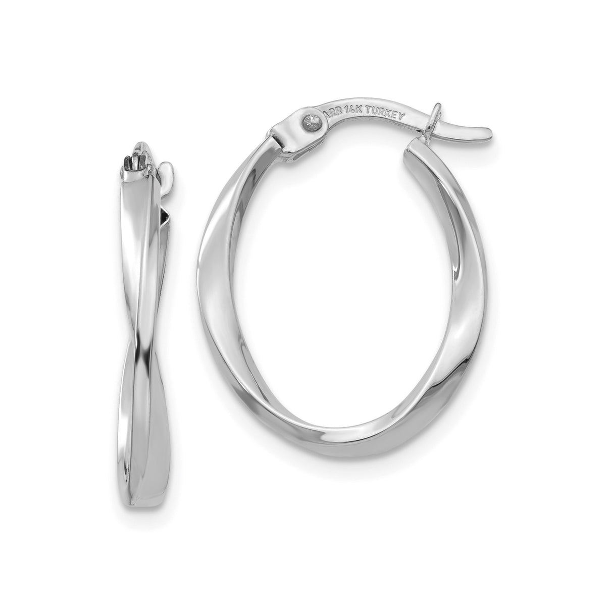 14k White Gold Twisted Hoop Earrings, Lightweight Oval Polished Design for Women