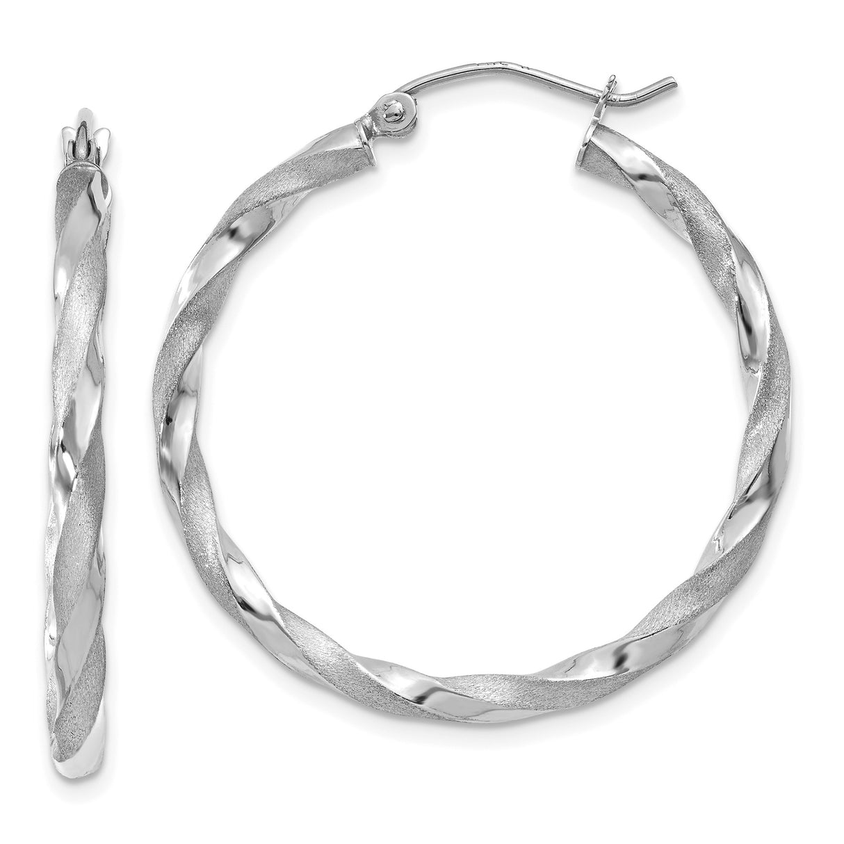 14k White Gold Twisted Hoop Earrings with Brushed and Polished Finish, Lightweight Design