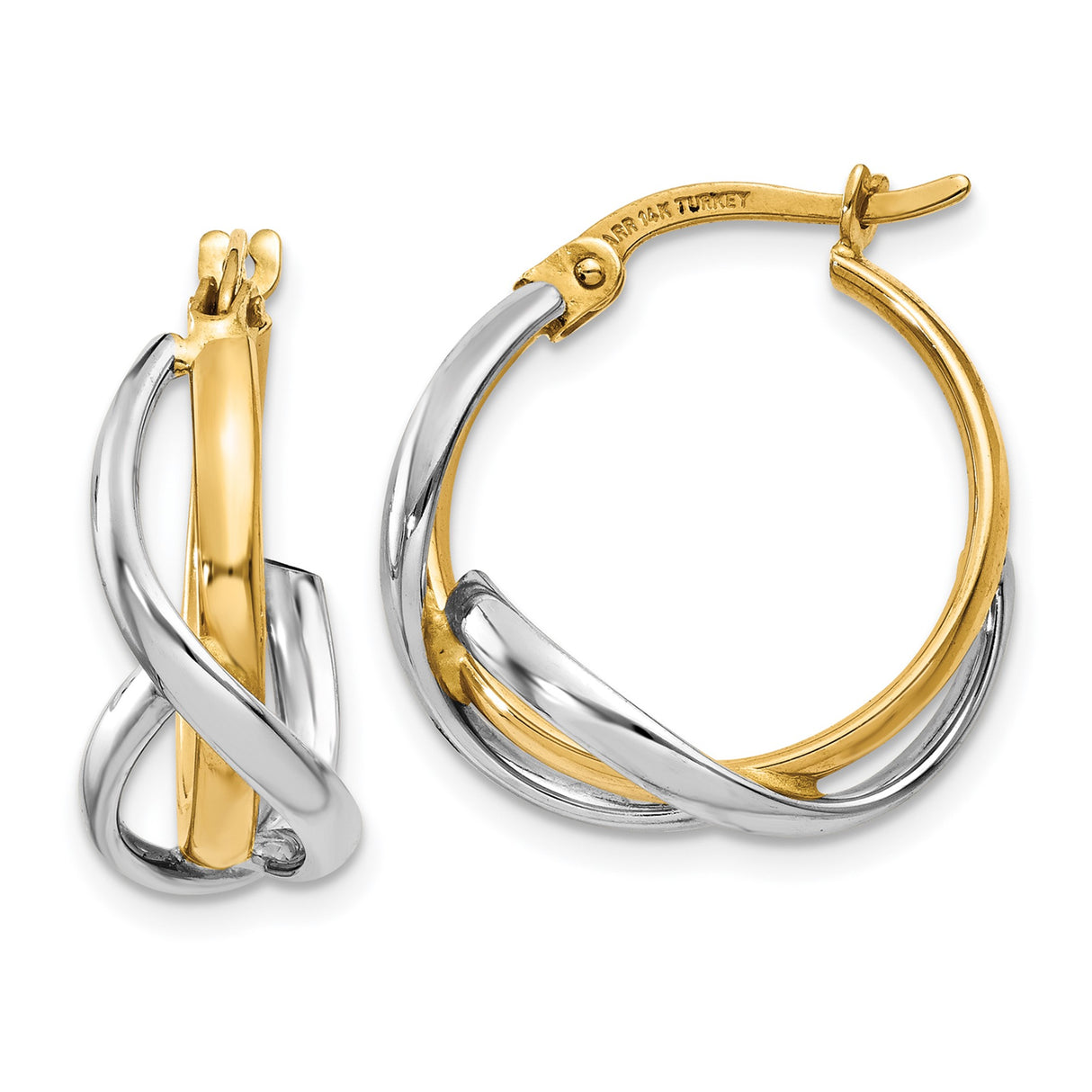 14k Two Tone Gold Hoop Earrings with Twisted Interwoven Design for Women