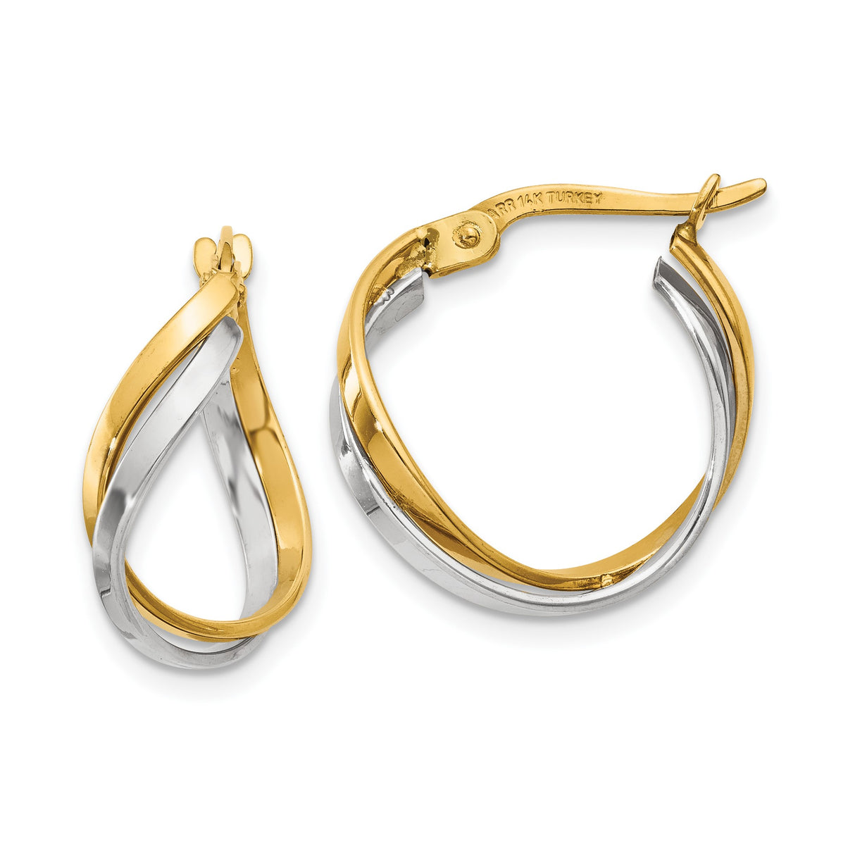 14k Two-Tone Gold Twisted Teardrop Hoop Earrings with Crossover Design for Women