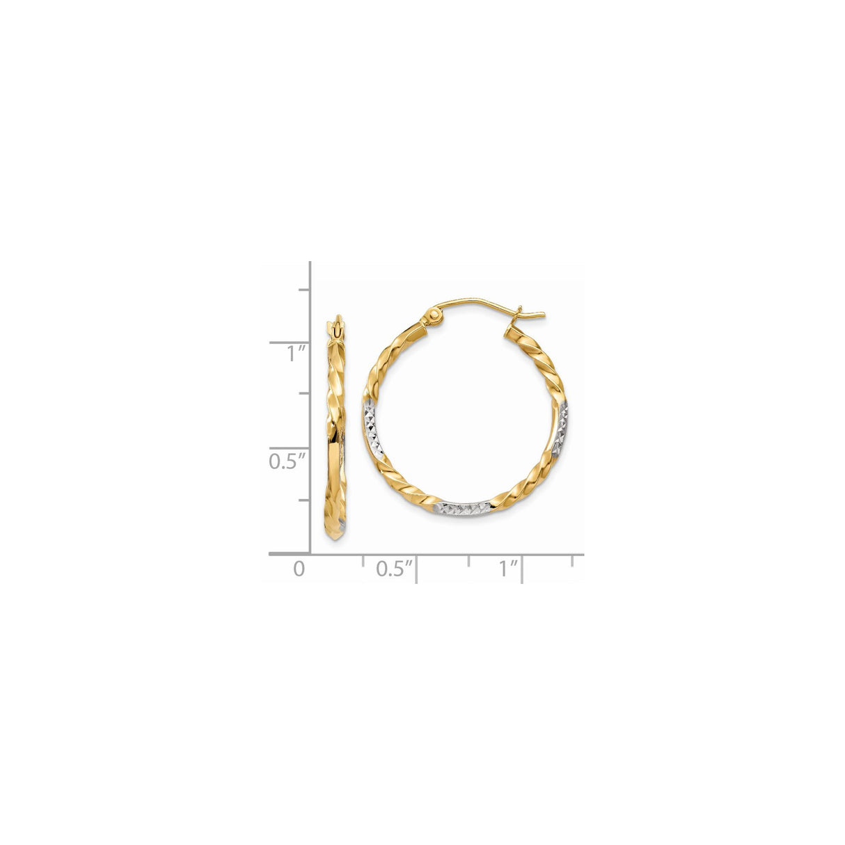 14k Yellow Gold Twisted Hoop Earrings, Two-Tone Rhodium Diamond Cut Design