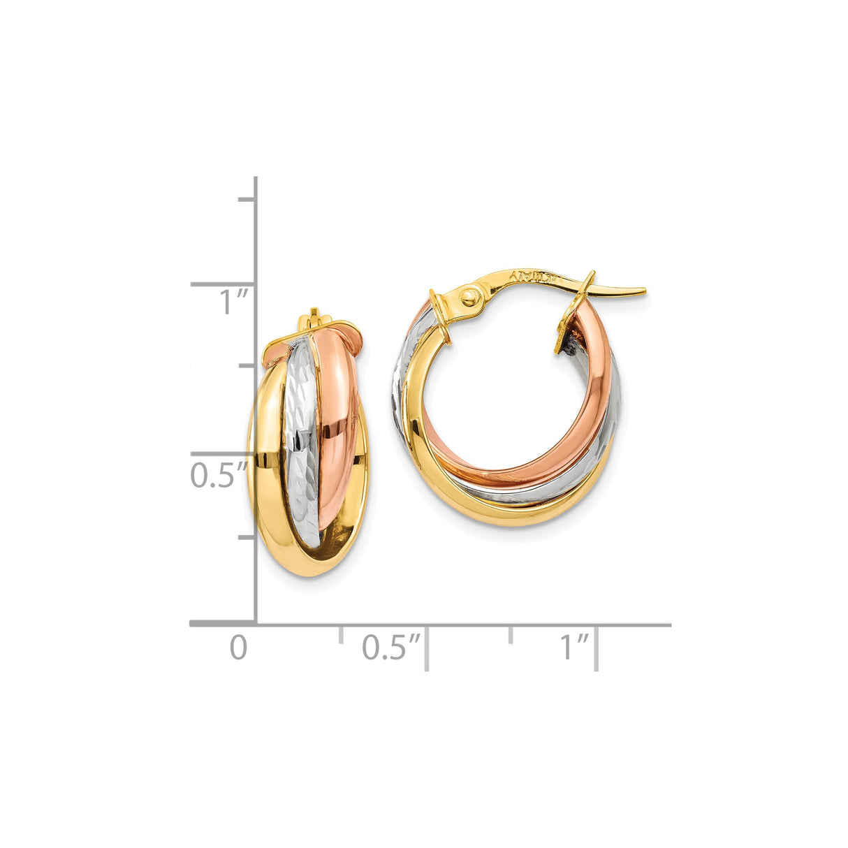 14k Tri-Color Gold Hoop Earrings, Intertwined Yellow, White, and Rose Bands, Diamond-Cut Finish