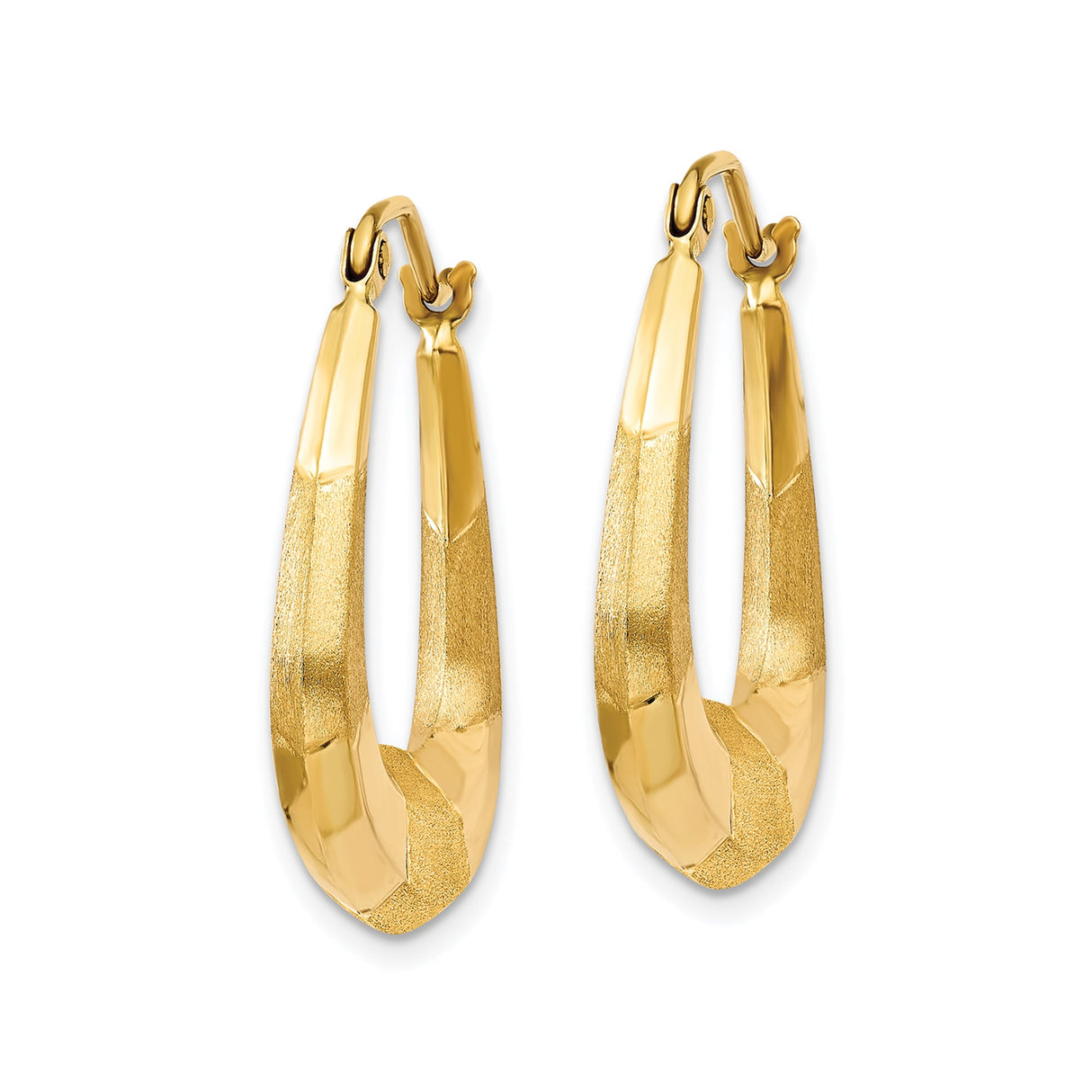 14k Yellow Gold Hoop Earrings, Twisted Geometric Design with Diamond Cut and Satin Finish