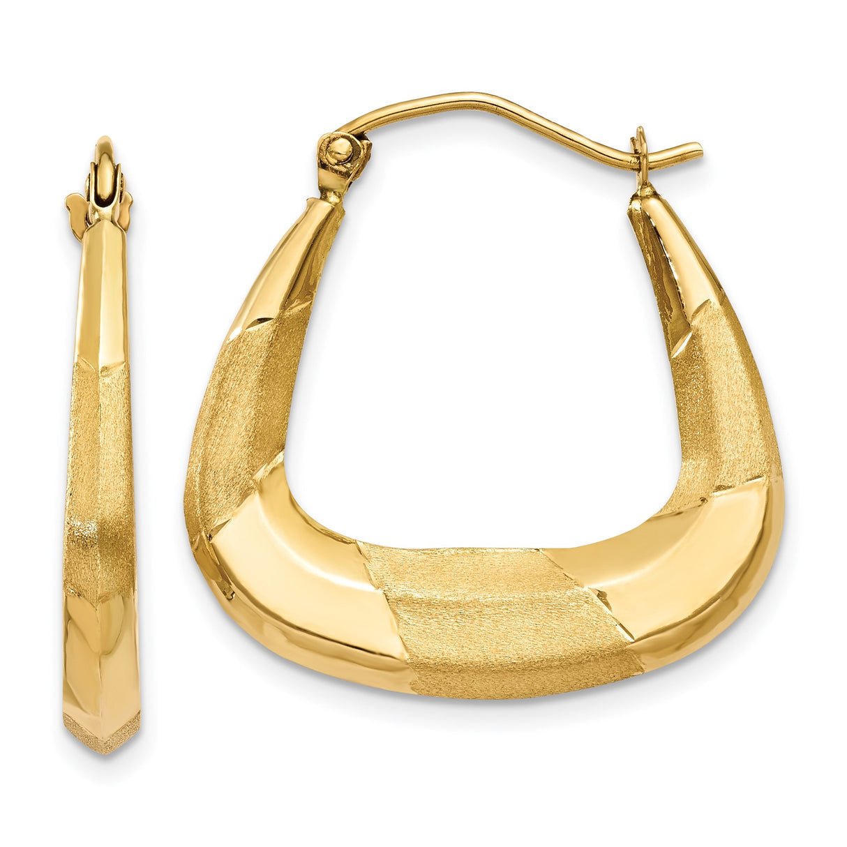 14k Yellow Gold Hoop Earrings, Twisted Geometric Design with Diamond Cut and Satin Finish