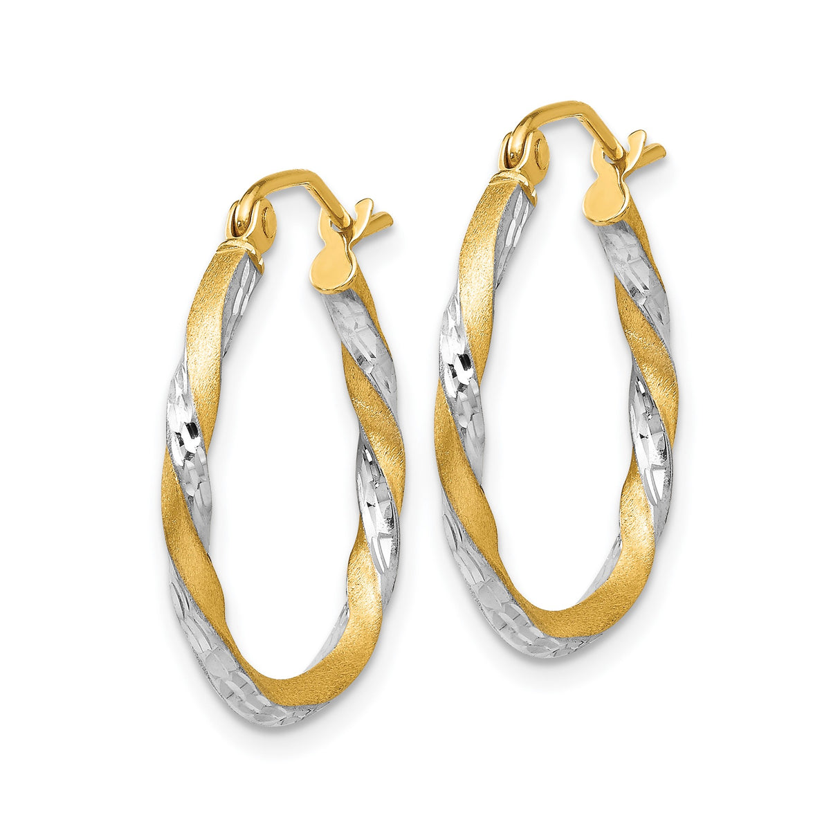 14k Yellow Gold Twisted Hoop Earrings with Diamond Cut Texture, Dual Tone Finish