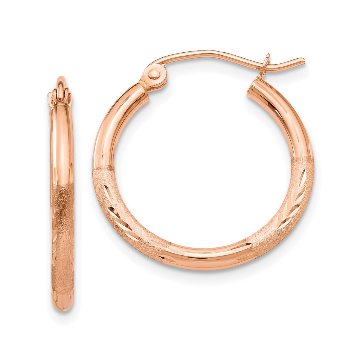 14k Rose Gold Hoop Earrings, Polished and Textured with Etched Leaf Pattern