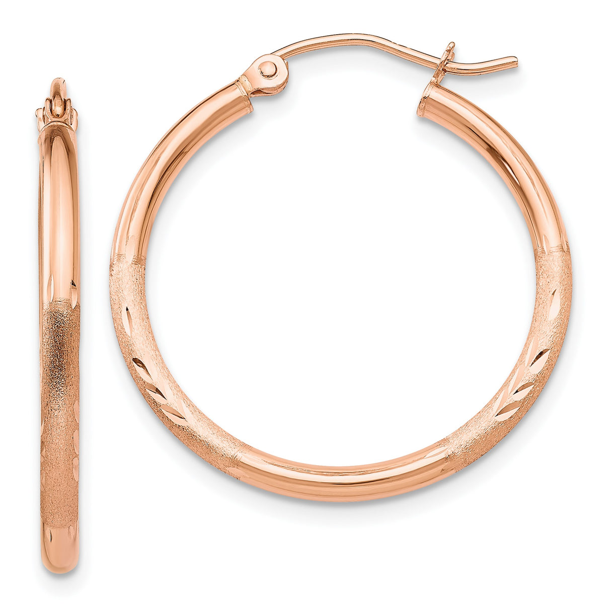 14k Rose Gold Hoop Earrings with Textured Polished Finish and Leaf Accents