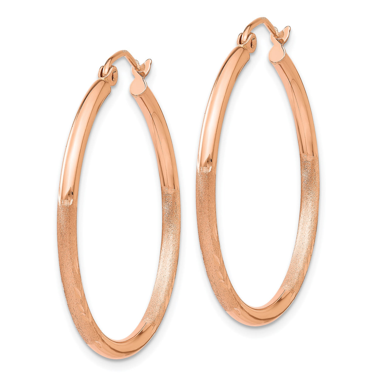 14k Rose Gold Hoop Earrings, Lightweight Polished and Textured with Diamond Cut Detail
