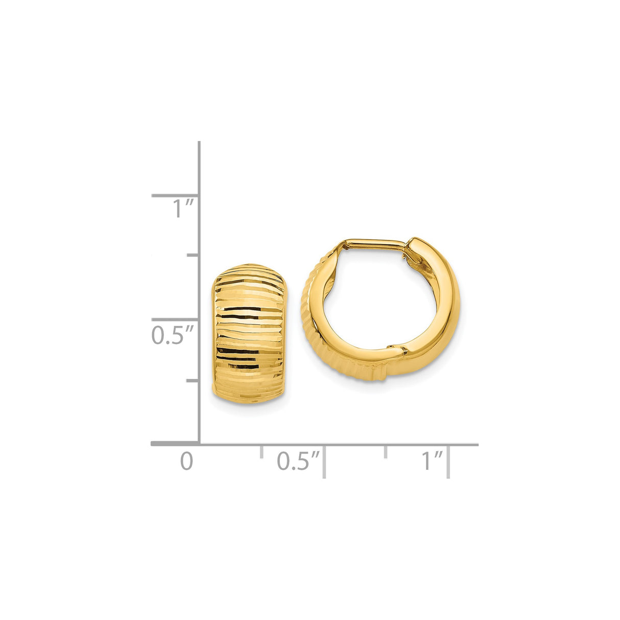 14k Yellow Gold Huggie Hoop Earrings, Diamond Cut Textured with Polished Finish