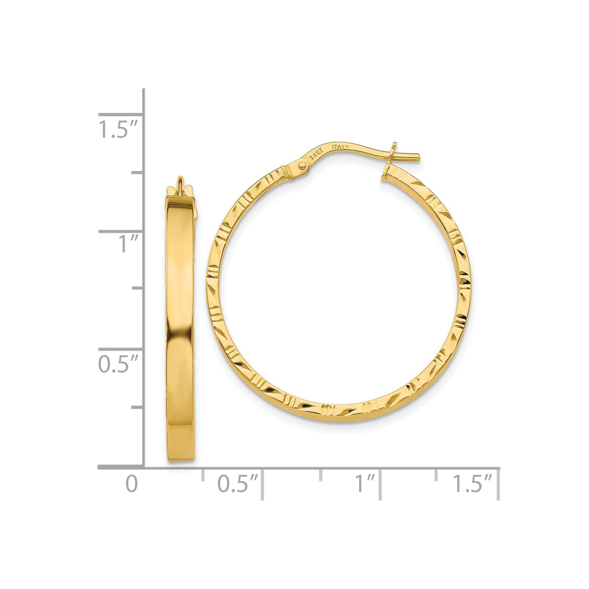 14k Yellow Gold Hoop Earrings, Textured Diamond Cut, Polished Finish, Lightweight Italian Design
