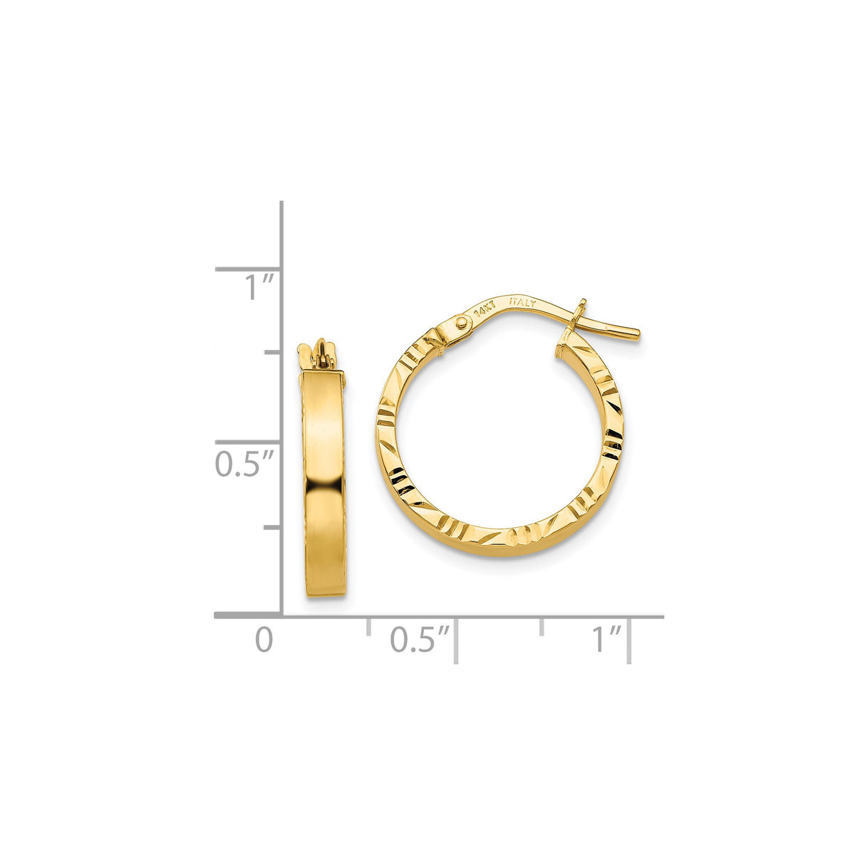 14k Yellow Gold Hoop Earrings, Italian Made with Diamond Cut Texture and Latch Backs