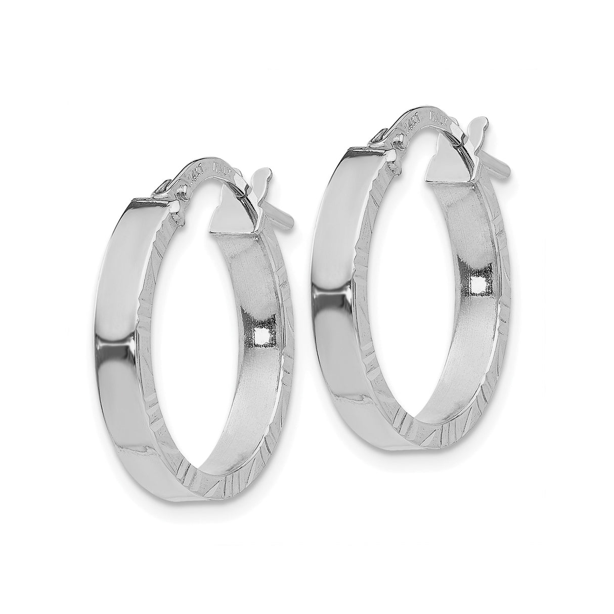 14k White Gold Hoop Earrings with Diamond Cut Detailing and Polished Finish for Women