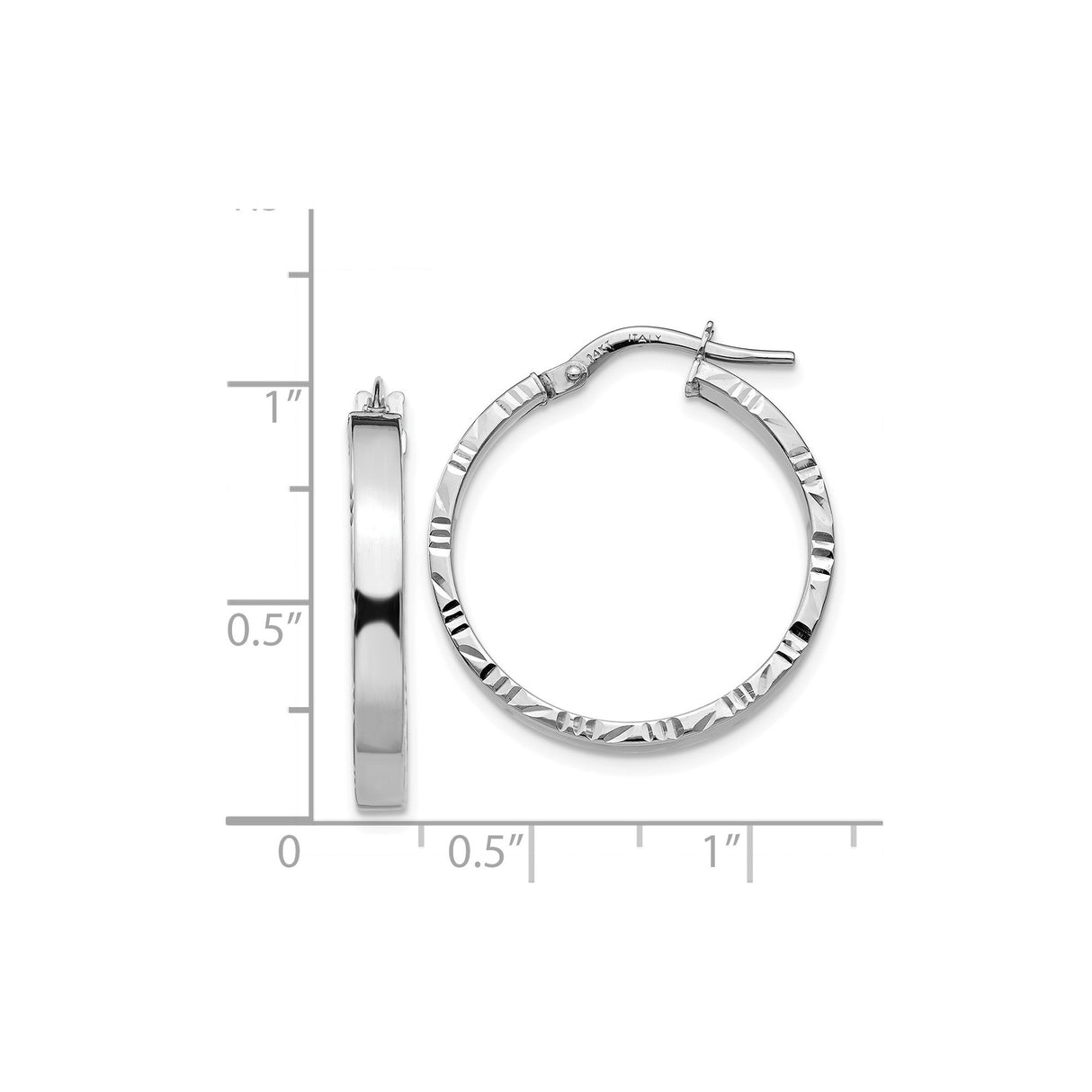 14k White Gold Hoop Earrings, Textured Diamond Cut with Polished Finish for Women