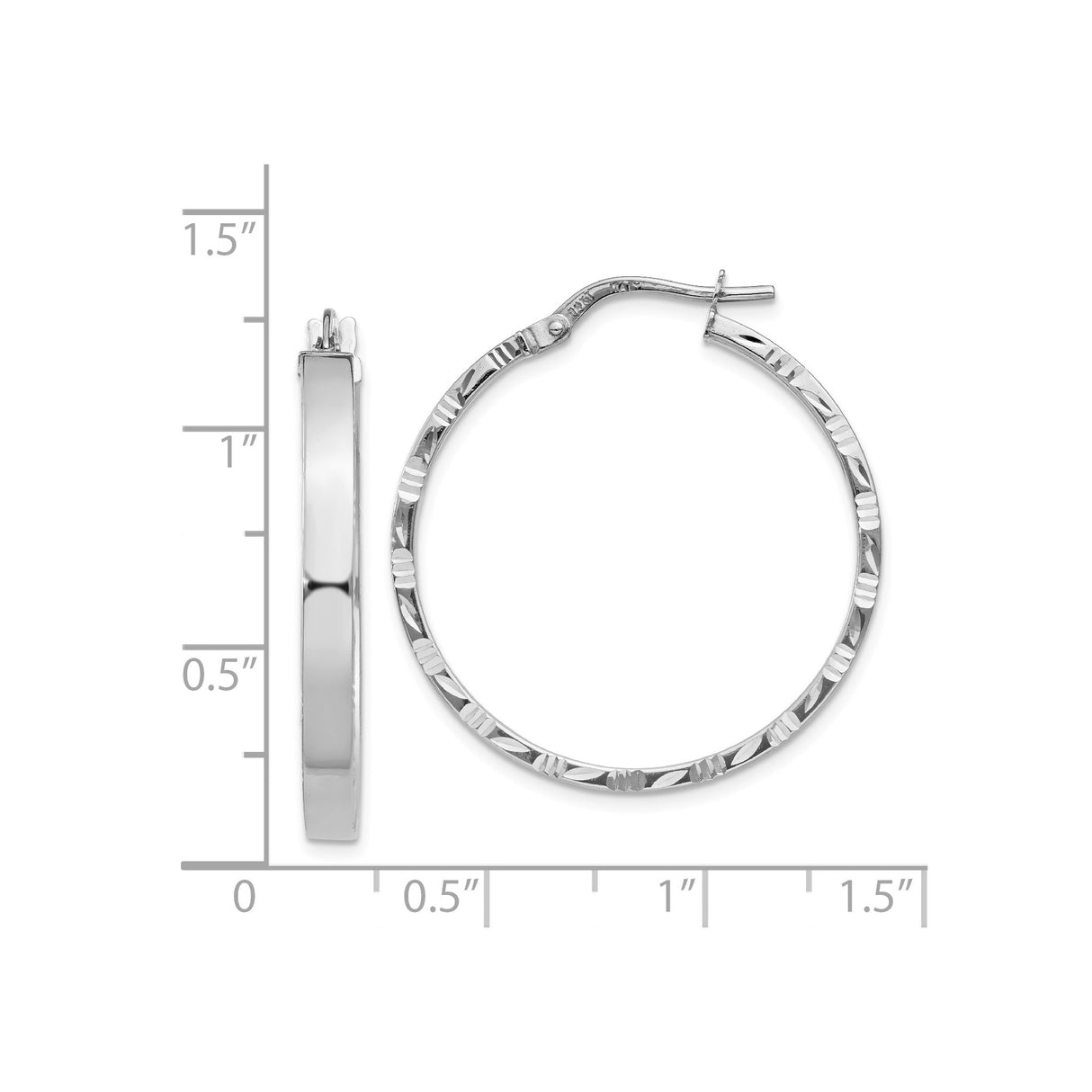 14k White Gold Hoop Earrings, Diamond Cut Textured Design with Polished Finish