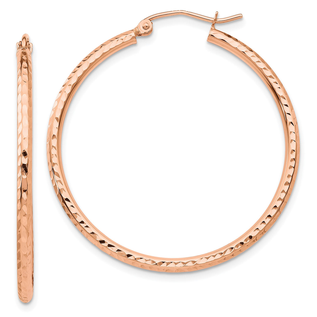 14k Rose Gold Hoop Earrings with Hammered Texture, Lightweight Polished Design for Women
