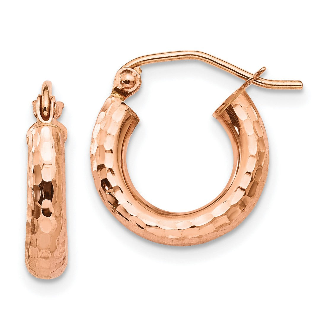 14k Rose Gold Hoop Earrings with Hammered Texture, Minimalist Modern Design