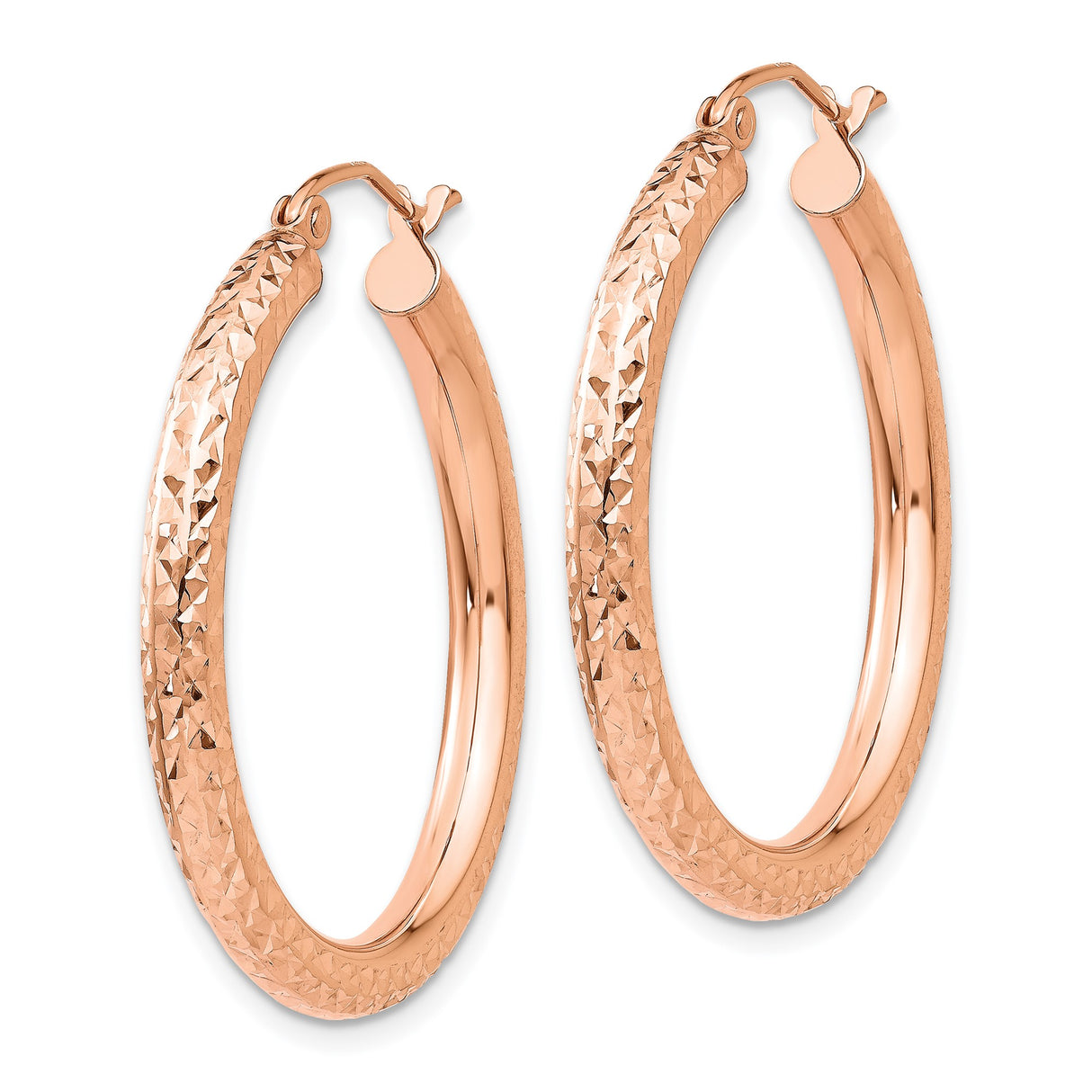 14k Rose Gold Hoop Earrings, Diamond Cut Textured Finish, Classic Round Lightweight Design