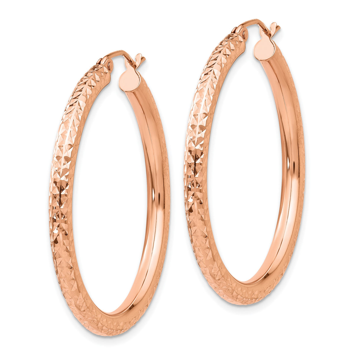 14k Rose Gold Hoop Earrings, Textured Diamond Cut, Lightweight Round Design for Women