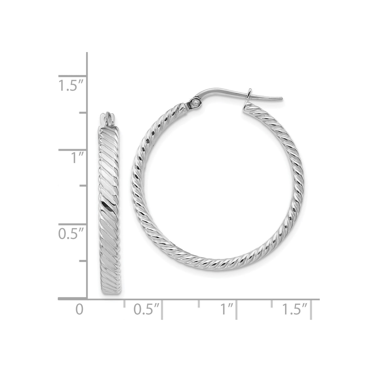 14k White Gold Twisted Hoop Earrings with Polished Rope Design and Latch Back Closure