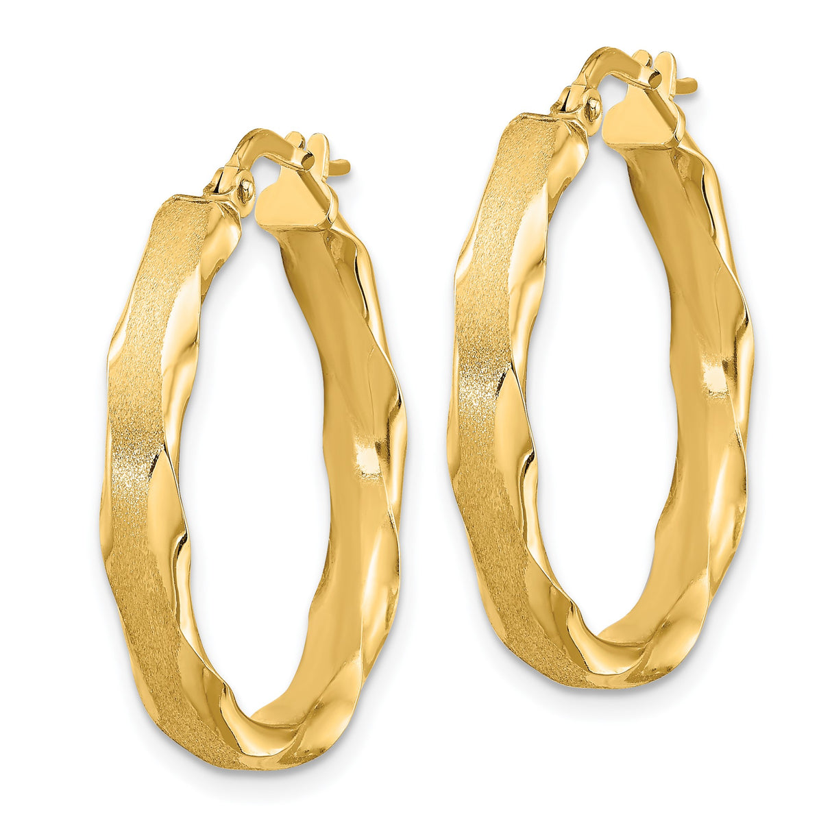 14k Yellow Gold Twisted Hoop Earrings, Polished and Textured Finish, Lightweight Classic Design
