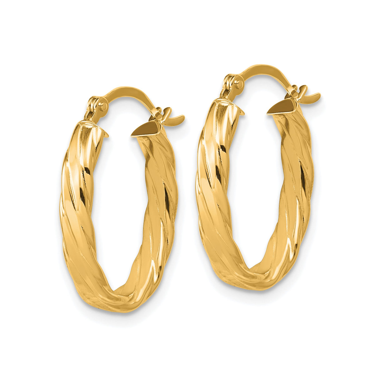 14k Yellow Gold Twisted Oval Hoop Earrings with Polished Finish and Hinged Closure