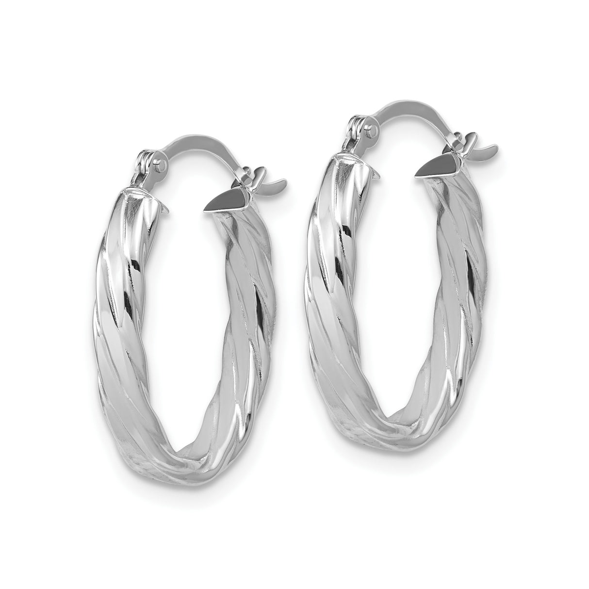 14k White Gold Twisted Oval Hoop Earrings with Polished Textured Finish for Women