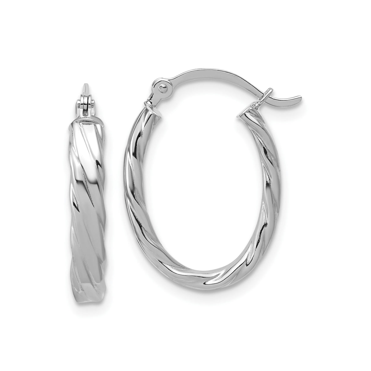 14k White Gold Twisted Oval Hoop Earrings with Polished Textured Finish for Women
