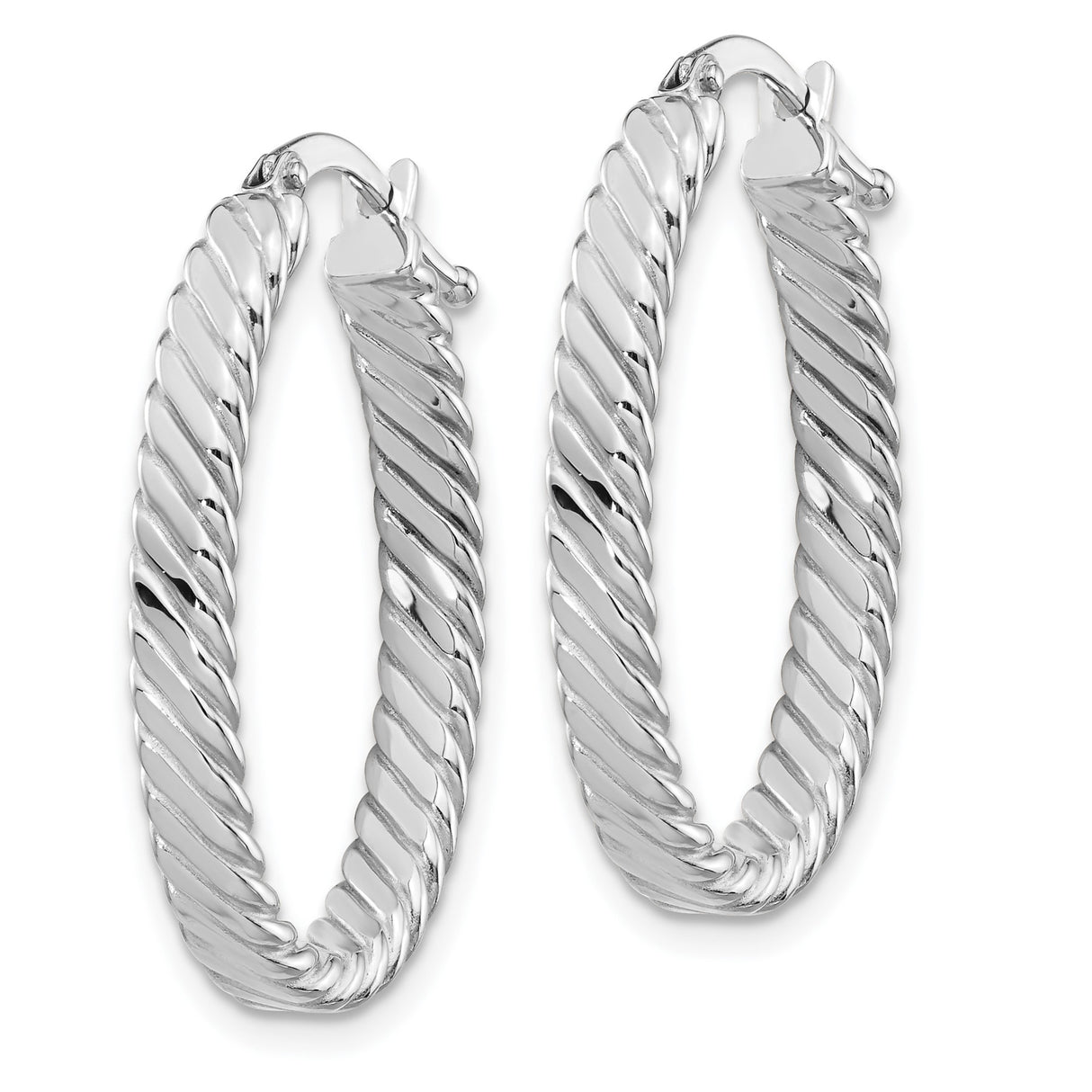 14k White Gold Twisted Hoop Earrings, Medium Oval Rope Style, High Polish Finish