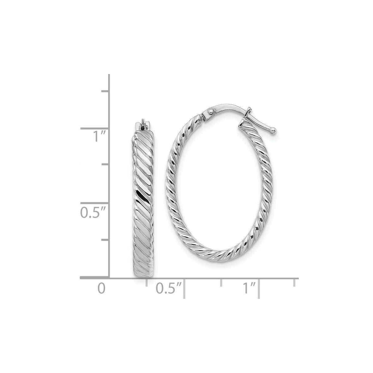 14k White Gold Twisted Hoop Earrings, Medium Oval Rope Style, High Polish Finish