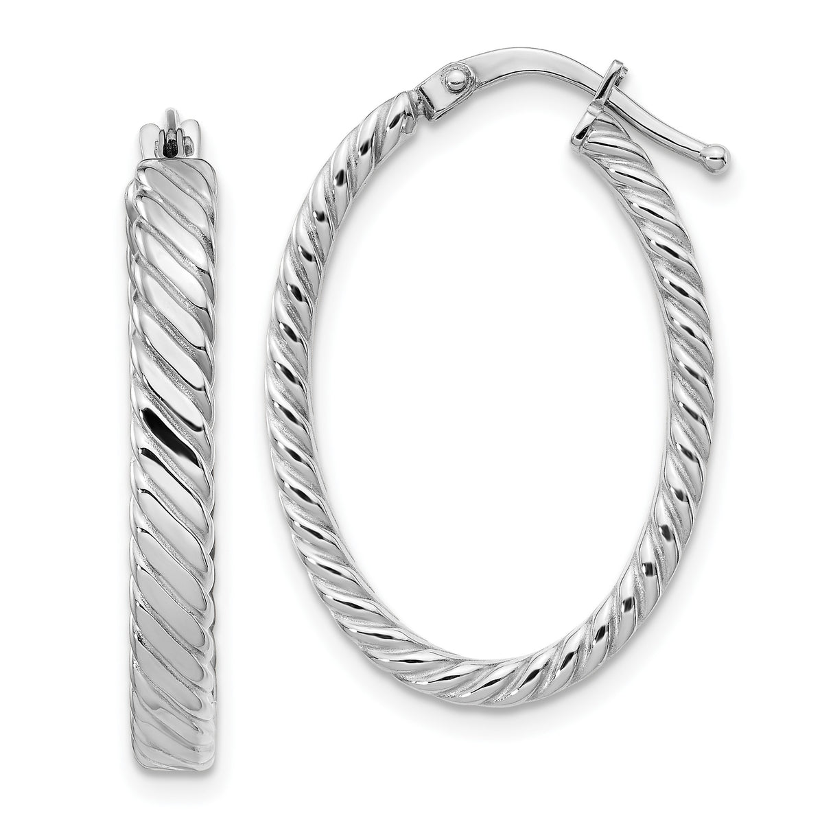 14k White Gold Twisted Hoop Earrings, Medium Oval Rope Style, High Polish Finish