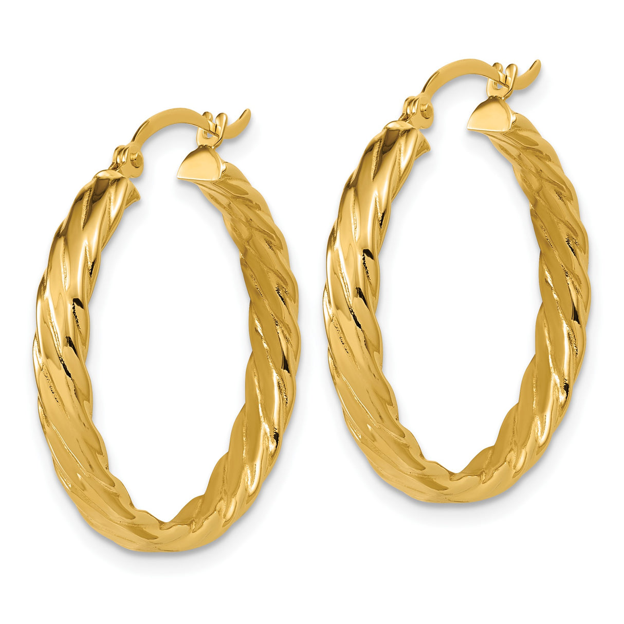14k Yellow Gold Hoop Earrings, Twisted Polished Textured Design, Medium Size