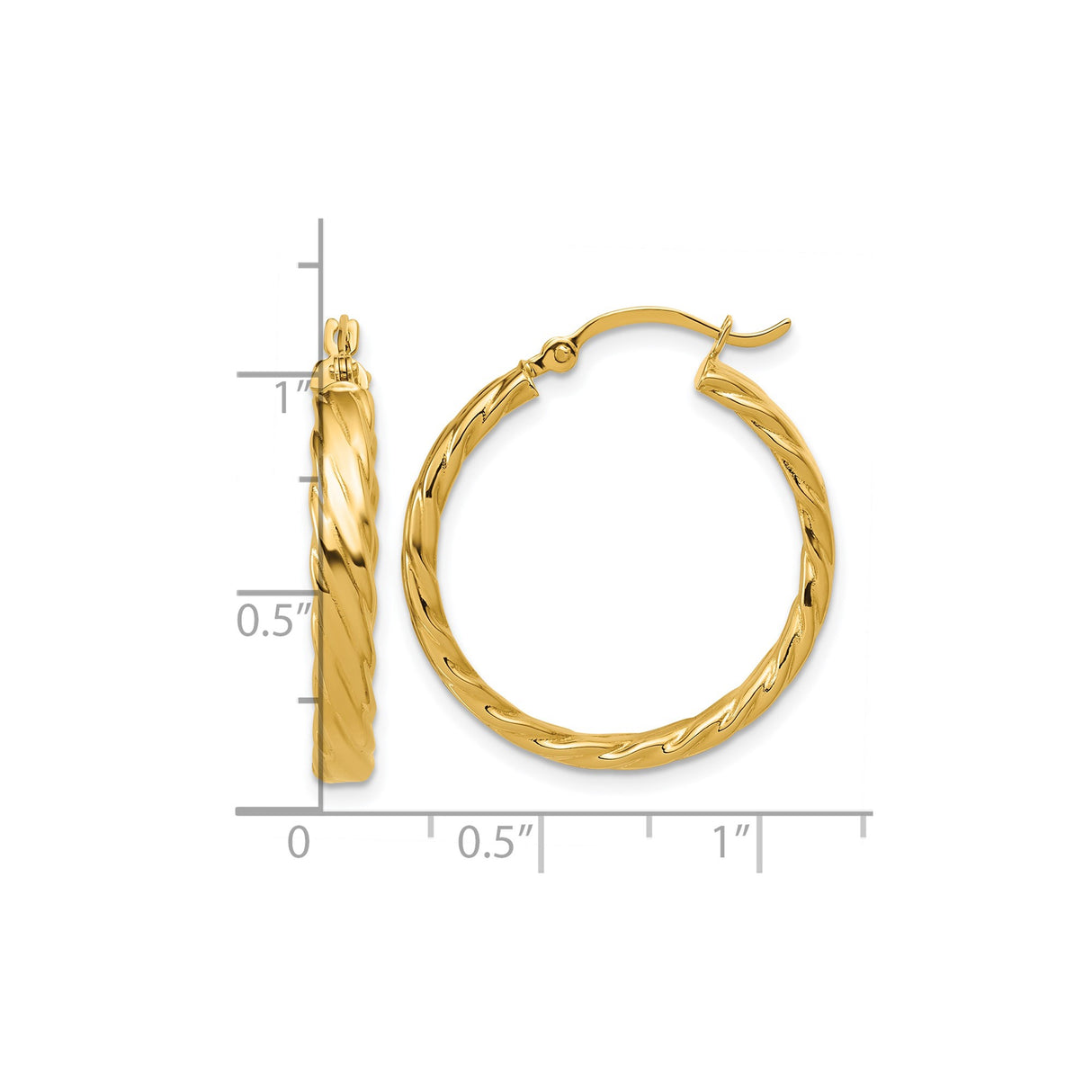 14k Yellow Gold Hoop Earrings, Twisted Polished Textured Design, Medium Size