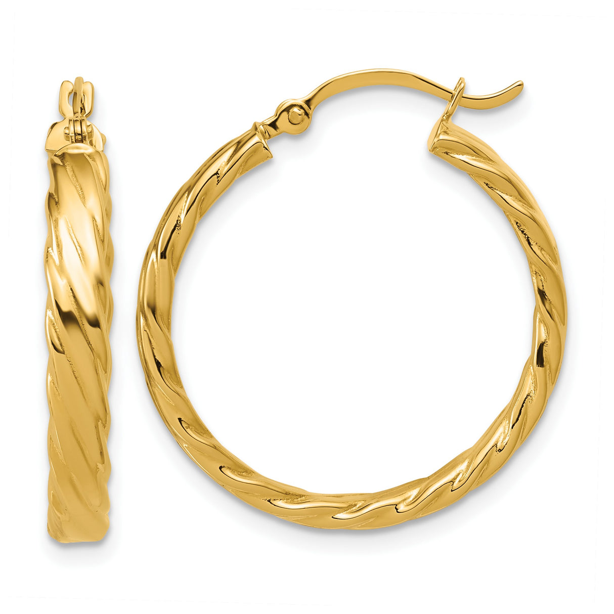 14k Yellow Gold Hoop Earrings, Twisted Polished Textured Design, Medium Size