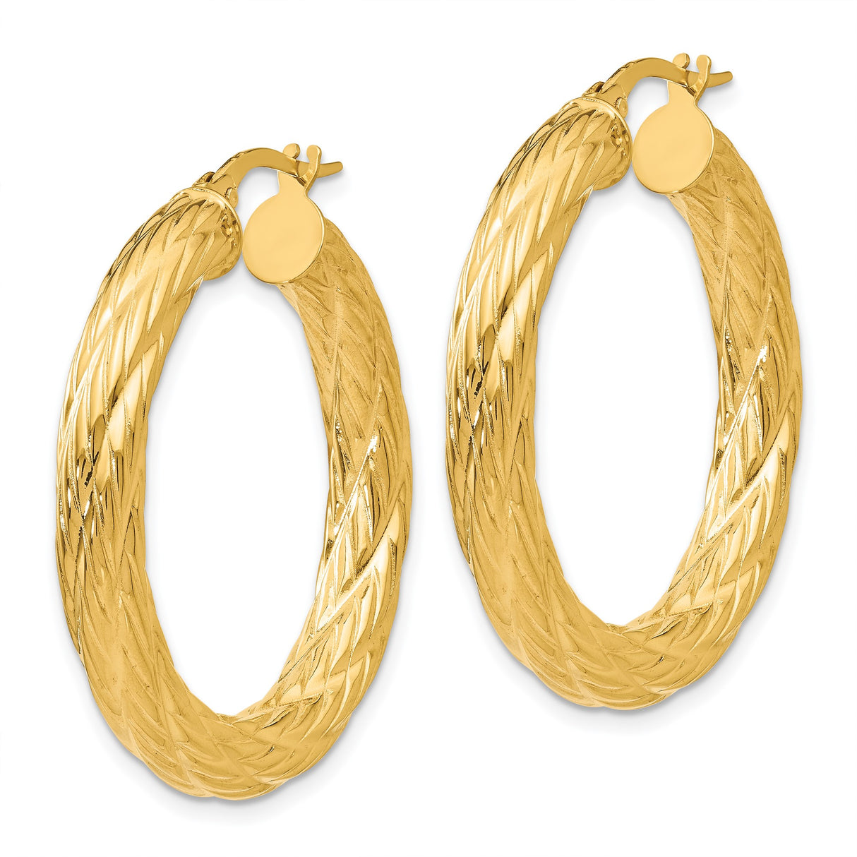 14k Yellow Gold Hoop Earrings, Twisted Diamond Cut Design with Textured Sparkle Finish
