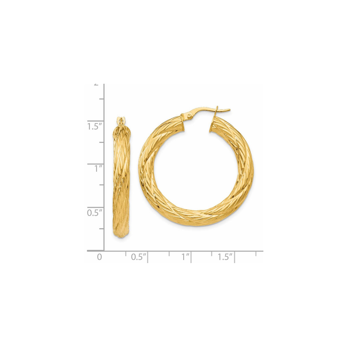 14k Yellow Gold Hoop Earrings, Twisted Diamond Cut Design with Textured Sparkle Finish