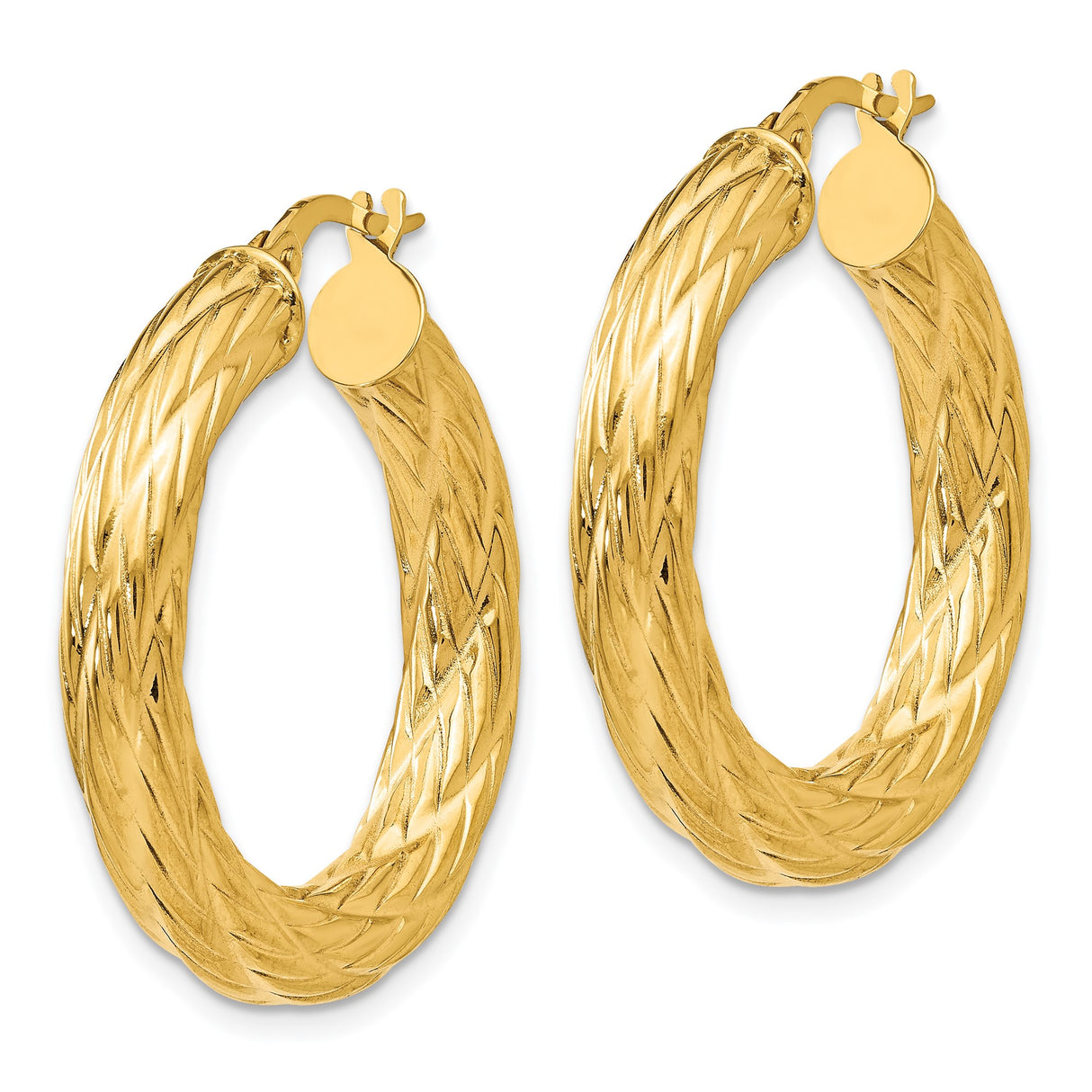 14k Yellow Gold Hoop Earrings, Twisted Diamond-Cut Texture, Lightweight Tube Design
