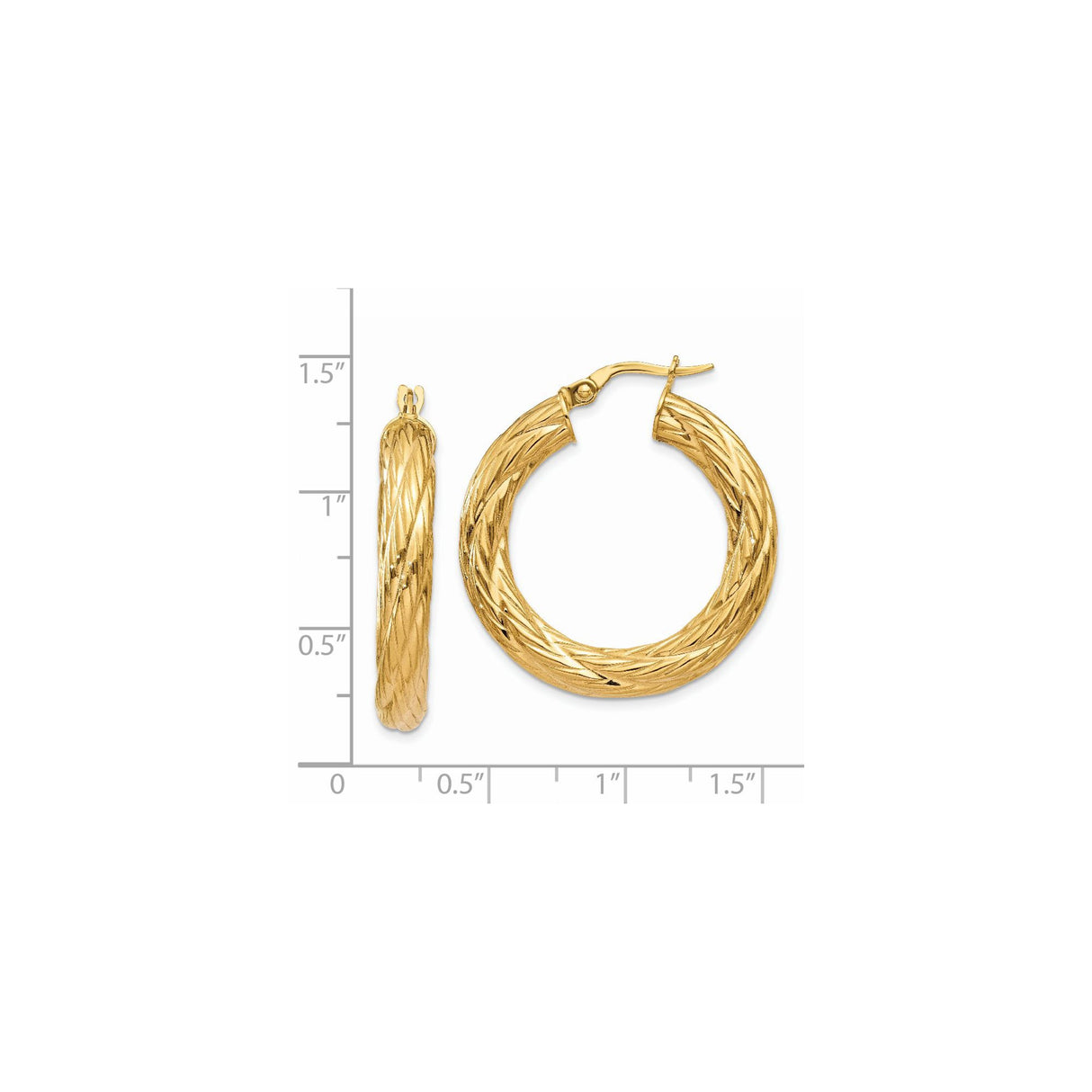 14k Yellow Gold Hoop Earrings, Twisted Diamond-Cut Texture, Lightweight Tube Design