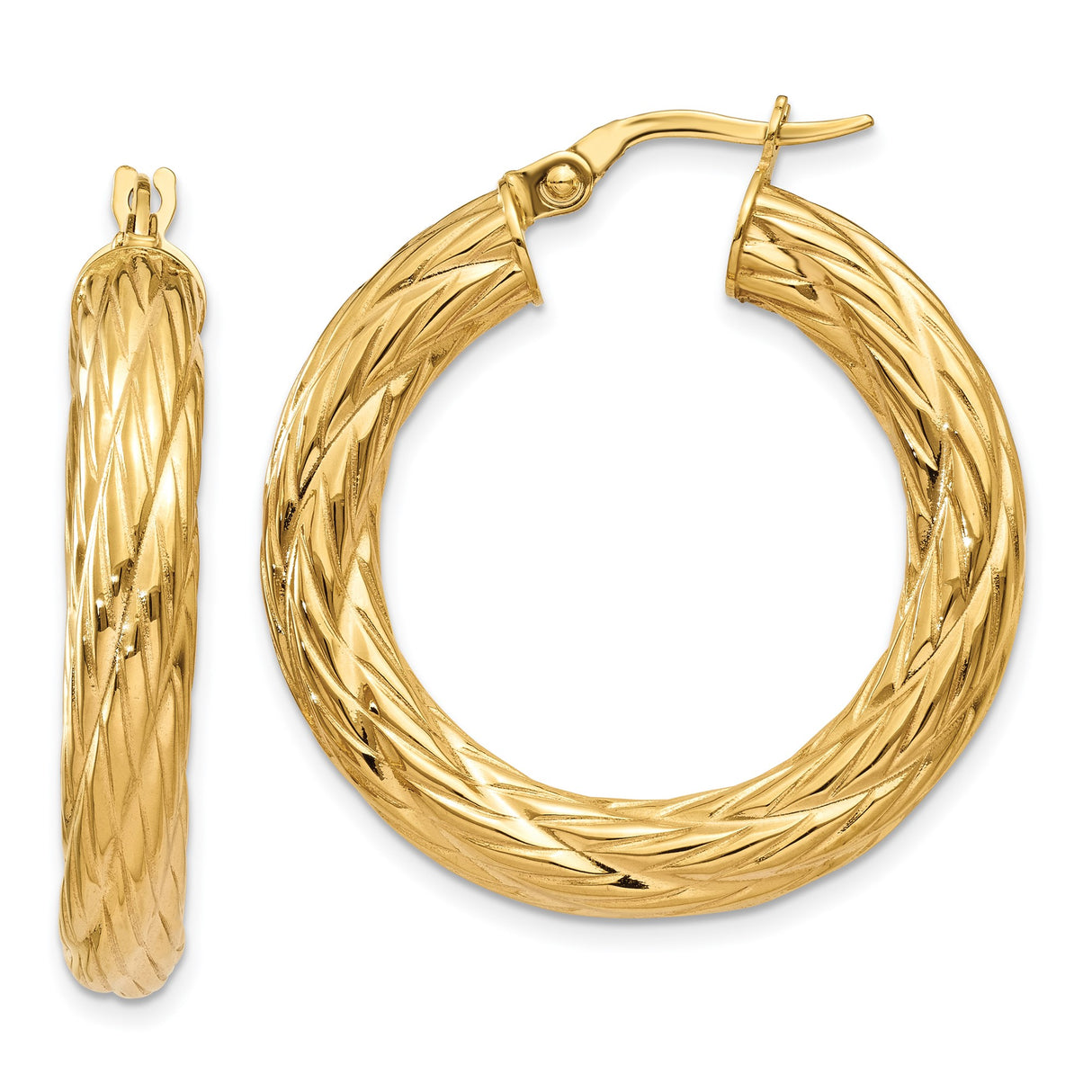 14k Yellow Gold Hoop Earrings, Twisted Diamond-Cut Texture, Lightweight Tube Design