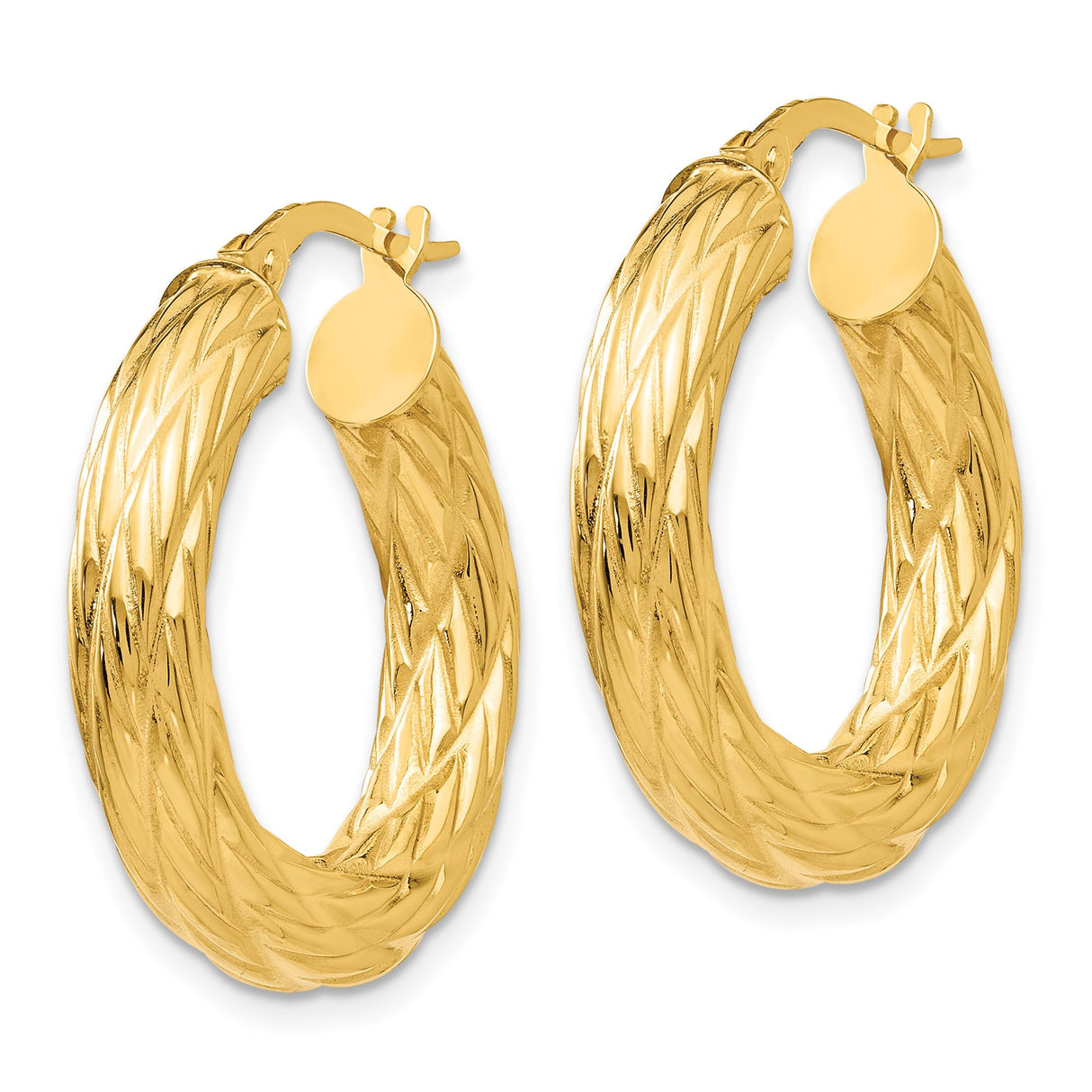 14k Yellow Gold Hoop Earrings, Twisted Diamond Cut Textured Tube Style, Medium Size