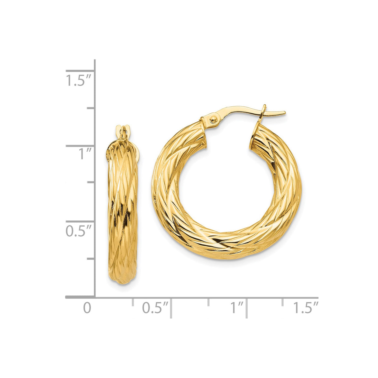 14k Yellow Gold Hoop Earrings, Twisted Diamond Cut Textured Tube Style, Medium Size