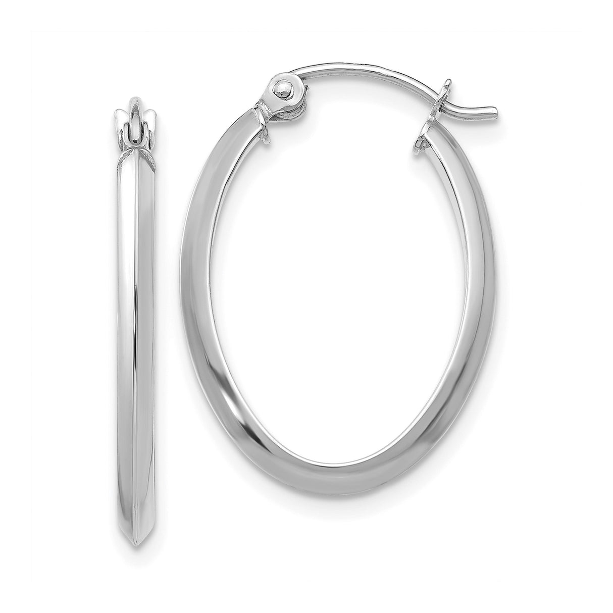 14k White Gold Hoop Earrings, Minimalist Oval Design with Polished Finish, Hinge Clasp